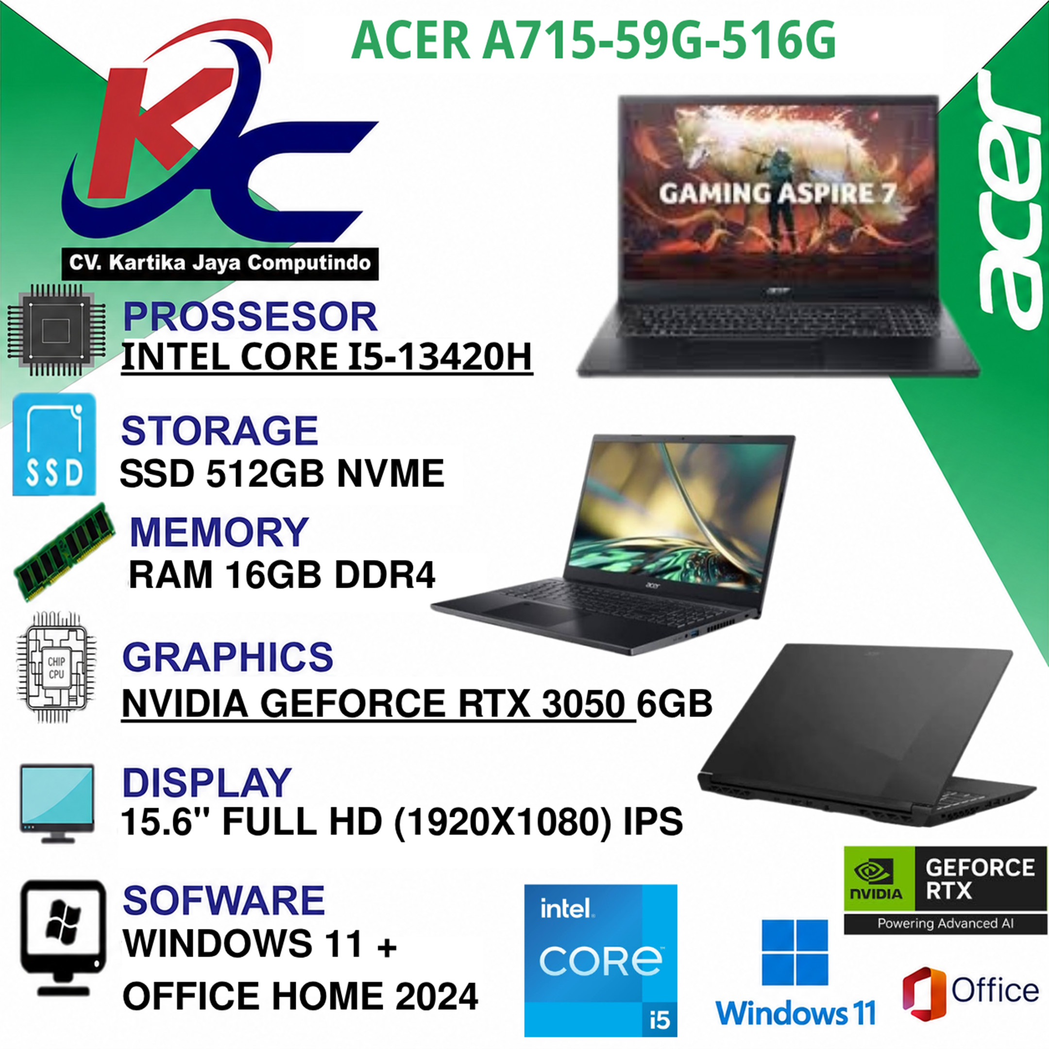 ACER A715-59G-516G  I5-13420H/ 16GB/ SSD512/ RTX3050/ W11 OHS BLACK